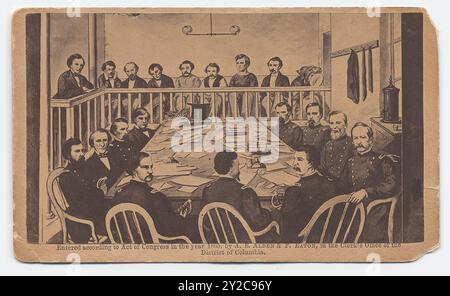 Illustration de la salle d'audience et du procès des conspirateurs dans l'assassinat de Lincoln, juin 1865 Banque D'Images