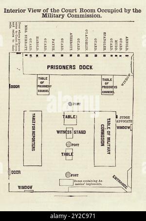 Vue intérieure de la salle d'audience occupée par la Commission militaire - procès des conspirateurs (assasination d'Abraham Lincoln) 1865 Banque D'Images