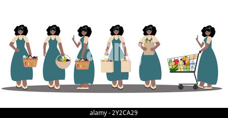 Ensemble de vecteur de femme noire dans la robe de soleil tenant des paniers, des sacs d'épicerie et poussant le chariot. Conception de style plat sur le thème des gens noirs shopping. Illustration de Vecteur