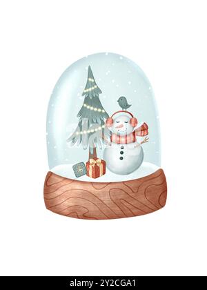 Composition de crayon de Noël avec des articles saisonniers peints à la main - bonhomme de neige, arbre, oiseau, cadeau dans la boule à neige. Parfait pour carte de vœux, affiche, impression. Illustration d'hiver isolé sur fond blanc Banque D'Images