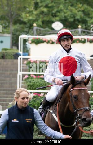 Ascot, Berkshire, Royaume-Uni. 7 septembre 2024. BRIONI monté par le jockey James Doyle remporte le UK Hi-Fi Show Live du 21 au 22 septembre “Concluded” handicap Stakes (classe 3) (pour les chevaux qui n’ont gagné qu’UNE course) le deuxième jour du Big Food and Drink Festival à l’hippodrome d’Ascot dans le Berkshire. Propriétaire Mme M C Sweeney & Alan King, entraîneur Alan King. Crédit : Maureen McLean/Alamy Banque D'Images