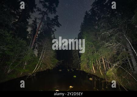 Astrophotographie de paysage, scène de nuit, rivière Ahja coule à travers la forêt à Taevaskoja en été. Ciel étoilé clair. Banque D'Images