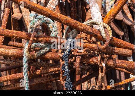 Une pile d'ancres en acier rouillé avec des cordes, des chaînes et des bernacles sur le rivage à Hastings, en Angleterre Banque D'Images