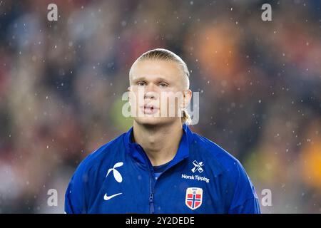 Oslo, Norvège, 9 septembre 2024 : Erling Braut Haaland (9 Norvège) est vu avant le match de football du Groupe B3 de l'UEFA de la Ligue des Nations entre la Norvège et l'Autriche au stade Ullevaal à Oslo, en Norvège. (ANE Frosaker / SPP) Banque D'Images