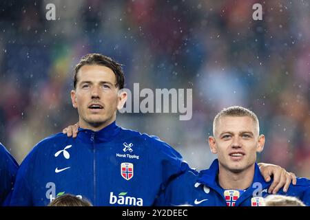 Oslo, Norvège, 9 septembre 2024 : des joueurs norvégiens sont vus pendant l'hymne national avant le match de football du Groupe B3 de l'UEFA Nations League entre la Norvège et l'Autriche au stade Ullevaal à Oslo, en Norvège. (ANE Frosaker / SPP) Banque D'Images