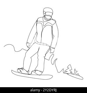 Illustration vectorielle skieur de descente ski activité de sport d'hiver noir blanc dessin d'art de ligne, dessin continu d'esquisse simple ligne de l'homme snowboarder Illustration de Vecteur