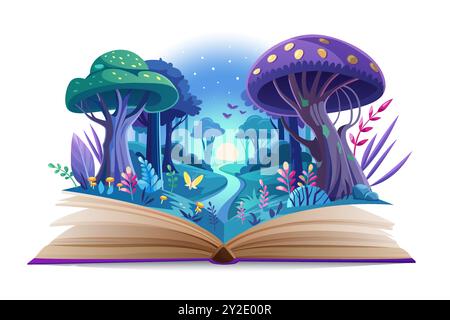 Livre ouvert avec monde de conte de fées magique dans la lumière néon brillante. Livre de contes de fantaisie avec des champignons violets et rivière bleue sur les pages, histoire de sorcellerie mystique pour la lecture par l'illustration vectorielle de dessin animé d'enfants Illustration de Vecteur