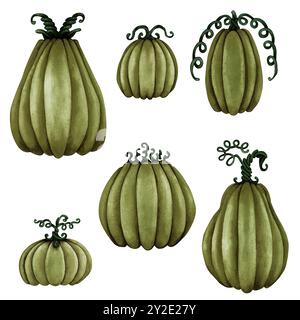 Ensemble d'Halloween vert monochrome avec six grandes citrouilles. Modèle d'illustration d'aquarelle pour invitations, scrapbook, papier peint, menus, publicité, env Banque D'Images