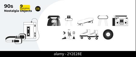 Nostalgia rétro noir et blanc ligne 2D ensemble d'objets de dessin animé Illustration de Vecteur
