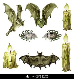 Ensemble d'Halloween vert monochrome avec chauves-souris, bougies et yeux. modèle d'illustration aquarelle pour invitations, menus, publicité, cartes, cartes postales pour Banque D'Images