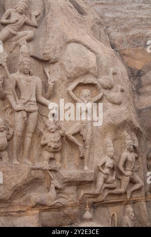 Sculpture monolithique (détail), pénitence d'Arjuna, Mahabalipuram, Tamil Nadu, Inde, Asie. Ce magnifique relief, sculpté au milieu du VIIe siècle Banque D'Images