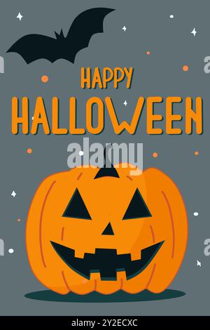 Carte d'Halloween d'automne avec citrouille, lune et souris volantes. Citrouille et chauves-souris effrayantes contre la lune. Nuit cachée. Avec texte. Illustration de Vecteur