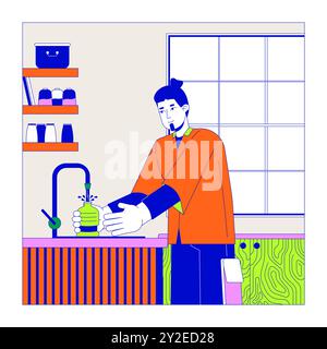 Gars européen remplissant la bouteille avec de l'eau dans l'illustration plate de dessin animé de cuisine Illustration de Vecteur