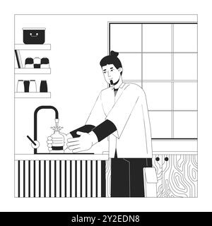 Guy européen remplissant la bouteille avec de l'eau dans la cuisine illustration de ligne noire et blanche Illustration de Vecteur