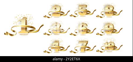 Ensemble d'emblème de célébration du 1er au 10ème anniversaire. Logo anniversaire d'or isolé sur fond dégradé blanc. Conception de modèle de bannière anniversaire pour Illustration de Vecteur