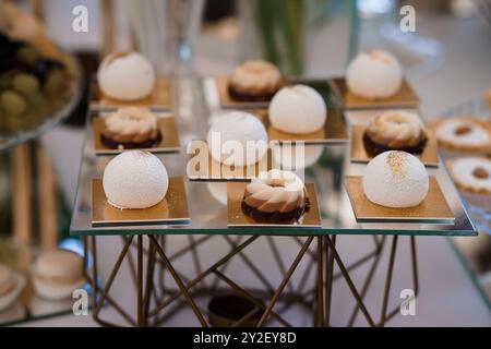 Présentation élégante de desserts gastronomiques assortis sur un présentoir en verre moderne. Banque D'Images