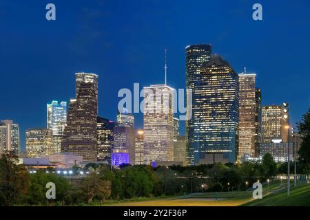 Houston City la nuit à Houston, Texas, États-Unis. Banque D'Images