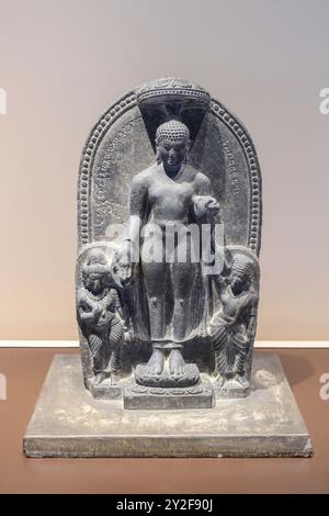 Bangkok, Thaïlande, Asie du Sud-est, Asie. Musée national de Bangkok. Bouddha debout donnant la bénédiction ou Varada Mudra. Inde, Pala CA 9ème siècle après JC Banque D'Images