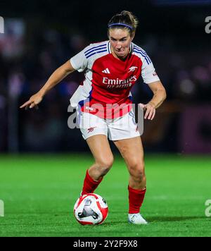 Mariona Caldentey d'Arsenal en action lors de la demi-finale de qualification de la première ronde de l'UEFA Women's Champions League à Meadow Park, Borehamwood. Date de la photo : mercredi 4 septembre 2024. Banque D'Images