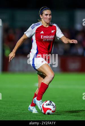 Mariona Caldentey d'Arsenal en action lors de la demi-finale de qualification de la première ronde de l'UEFA Women's Champions League à Meadow Park, Borehamwood. Date de la photo : mercredi 4 septembre 2024. Banque D'Images