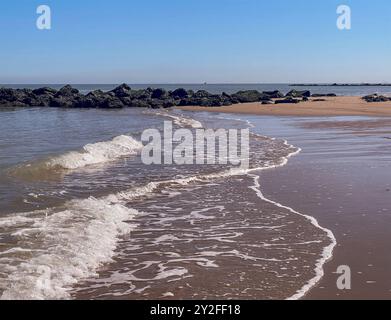 Knokke-Heist, Flandre, Belgique - 24 juin 2024 : plage de la mer du Nord. Surfez sur le sable humide avec un paysage de tas de pierres brise-lames sous le ciel bleu du matin Banque D'Images