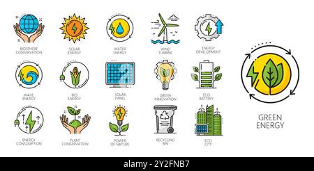 Énergie verte, énergie écologique, icônes et symboles de ligne d'électricité naturelle, ensemble de vecteurs. Production d'énergie naturelle et sources alternatives de production d'énergie de panneaux solaires et d'éoliennes pour l'énergie renouvelable Illustration de Vecteur