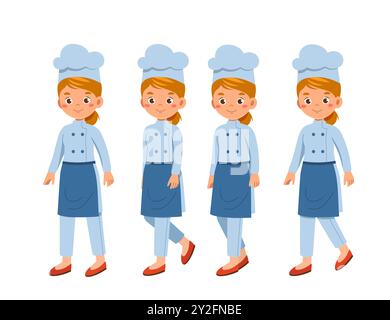 Femme chef constructeur. Fille dans le chapeau de cuisine. Kit pour créer des dessins animés. Pack de caractère dans divers angles. Profession de traiteur. Vecteur plat Illustration de Vecteur