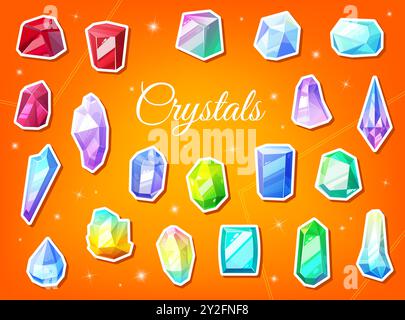 Bijoux gemmes et cristaux autocollants pour bijoux gemmes et strass, icônes vectorielles. Bijou de dessin animé autocollants de diamant, rubis, émeraude et saphir avec pierres précieuses de quartz pour bijoux magiques Illustration de Vecteur
