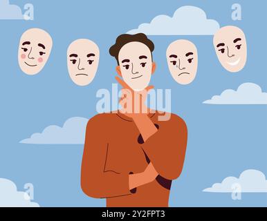 Homme aux humeurs différentes. Jeune homme avec divers masques faciaux avec des émotions. Personne atteinte de trouble bipolaire. Problèmes mentaux et psychologiques Illustration de Vecteur