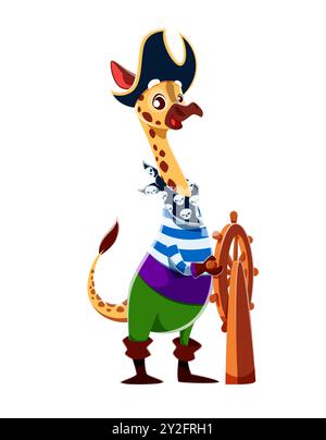 Capitaine pirate animal girafe de dessin animé ou skipper corsaire à la barre du navire, personnage vectoriel. Girafe drôle comme pirate des Caraïbes ou marin marin marin dans le chapeau tricorne avec des crânes bandana au volant Illustration de Vecteur