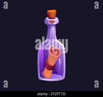 Bouteille de dessin animé avec carte au trésor. Flacon en verre transparent vecteur isolé, scellé hermétiquement avec un liège, enferme un parchemin roulé avec message. Actif de jeu de pirate d'aventure en mer, bouteille en verre mystérieuse Illustration de Vecteur