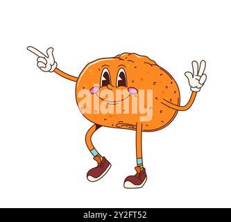 Personnage de fruit de mandarine rétro groovy de dessin animé portant des baskets, respire l'ambiance rétro funky avec un grand sourire effronté. Vecteur isolé mûr et joyeux orange tropicale ou mandarine personnage d'agrumes Illustration de Vecteur