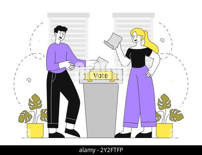 Concept de vote des gens. Homme et femme avec feuille près de l'urne. Liberté de choix et démocratie. Citoyens avec élection et référendum. Vecteur linéaire Illustration de Vecteur