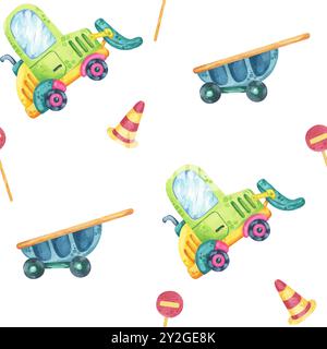 Camion vert, brouettes bleues, cônes routiers rayés jaunes et panneaux de signalisation rouges. Modèle sans couture, clipart d'aquarelle, style de bande dessinée. Convient aux vêtements pour enfants, à la décoration de chambre et à la papeterie Banque D'Images