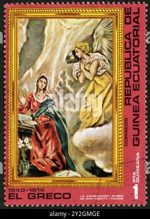 Timbre oblitéré Republica de Guinea Ecuatorial, Correos, 1540-1614 El Greco, la Anunciacion - Museo de San Vicente - Toledo, 1 PTA GUINEANA Banque D'Images