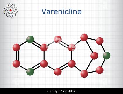 Molécule de varénicline, médicament utilisé pour le sevrage tabagique. Modèle moléculaire. Feuille de papier dans une cage. Vecteur Illustration de Vecteur