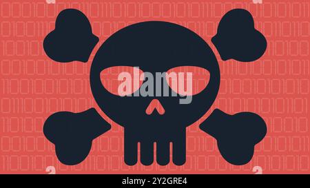 Un crâne de virus noir avec un code zéro-un derrière lui en arrière-plan. Script de virus. Vecteur de conception plat Illustration de Vecteur