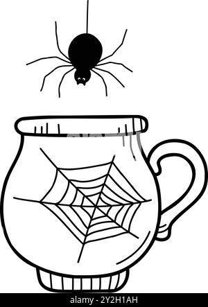 Symboles traditionnels d'Halloween : fantômes, chat fantôme, citrouille, chapeau de sorcière, potion, bougies, araignée, toile d'araignée, nuit. Vecteur dessiné isolé sur blanc, doodle Illustration de Vecteur