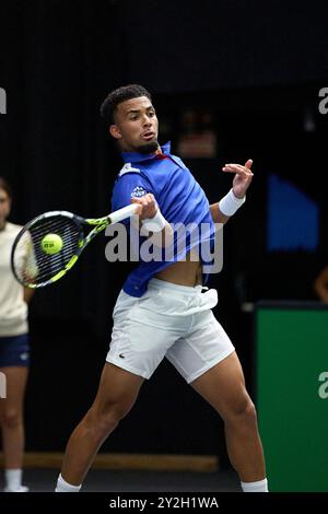 Valencia, Espagne. 10 septembre 2024. Arthur fils de l'équipe de France vu en action contre Thanasi Kokkinakis de l'équipe d'Australie (non photo) lors de la finale de la Coupe Davis Groupe B match 1 en simple au Pabellon Municipal de Fuente San Luis. Thanasi Kokkinakis, de l’équipe d’Australie, a gagné 7/6, 7/6. (Photo par German Vidal Ponce/SOPA images/SIPA USA) crédit : SIPA USA/Alamy Live News Banque D'Images