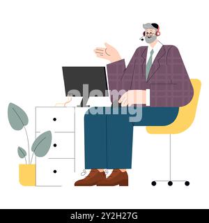Concept d'homme d'affaires de diversité. Un environnement de bureau inclusif avec un homme d'affaires utilisant un micro-casque. Représentant la communication d'entreprise moderne. Illustration vectorielle. Illustration de Vecteur