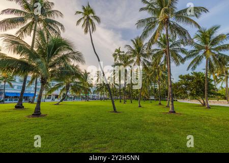 Belle vue sur l'emblématique Ocean Drive à Miami Beach, encadrée par un parc rempli de grands palmiers. Miami Beach. ÉTATS-UNIS. Banque D'Images