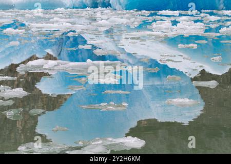 Détail de l'iceberg glaciaire reflété dans l'eau calme de la glace vêlée au large du glacier South Sawyer à Tracy Arm, États-Unis. Banque D'Images