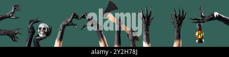 Ensemble de mains de monstre noir sur fond vert. Célébration d'Halloween Banque D'Images