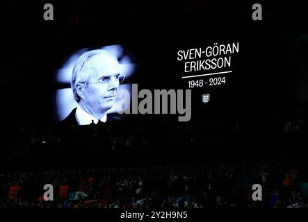 Hommage à Sven-Goran Eriksson sur grand écran avant le match du Groupe B2 de l'UEFA Nations League au stade de Wembley, Londres. Date de la photo : mardi 10 septembre 2024. Banque D'Images