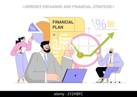 Concept d'expansion du marché mondial. L'équipe commerciale conçoit des stratégies de croissance financière et de change. Planification économique, analyse du marché et prévision. Illustration vectorielle. Illustration de Vecteur