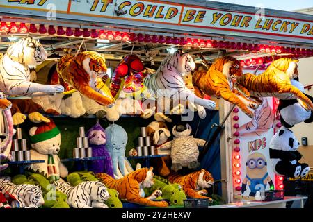 Peluches animales en peluche comme prix sur un stand lors d'une foire itinérante à Saffron Walden, Essex, Royaume-Uni Banque D'Images