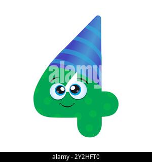 Cute Green Smiling Number quatre en chapeau festif bleu. Joyeux anniversaire 4 ans. Conception d'icône d'illustration de personnage de dessin animé plat vectoriel isolé sur BA blanc Illustration de Vecteur