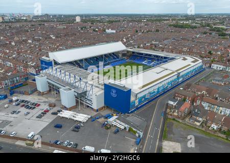 Vue aérienne de Goodison Park, stade de l'Everton Football Club, Liverpool, Royaume-Uni. Banque D'Images