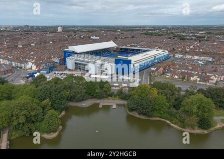 Vue aérienne de Goodison Park, stade de l'Everton Football Club, Liverpool, Royaume-Uni. Banque D'Images