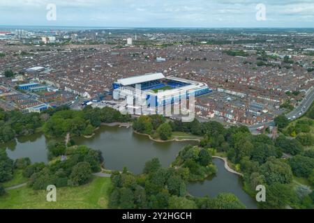 Vue aérienne de Goodison Park, stade de l'Everton Football Club, Liverpool, Royaume-Uni. Banque D'Images